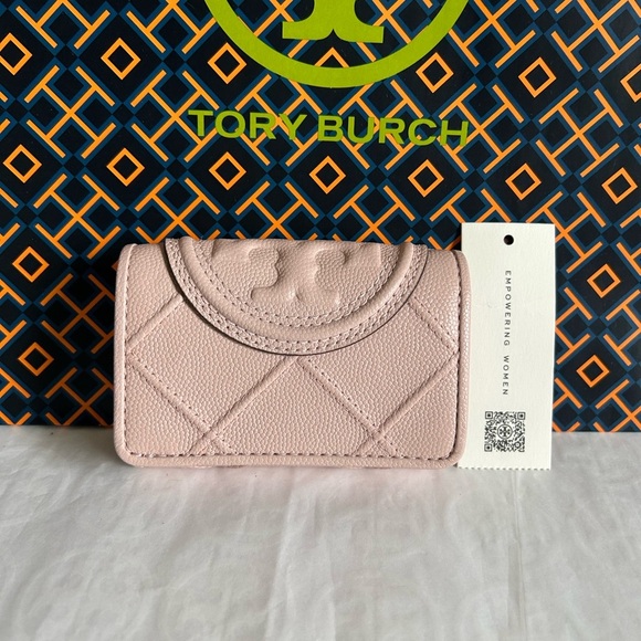 Tory Burch Fleming Soft Polished Grain Small Flap Wallet Pink Dawn Gold - Picture 1 of 9